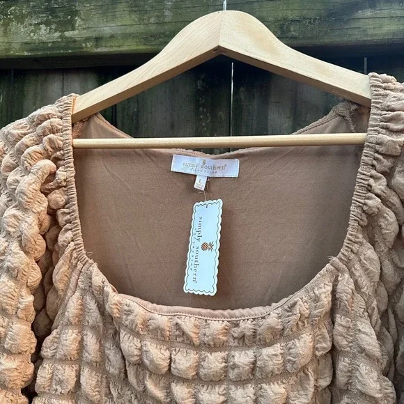 NWT Simply Southern Long Sleeve Tiered Bubble Mini Dress Puff Tan Brown Sz Large - Picture 4 of 12